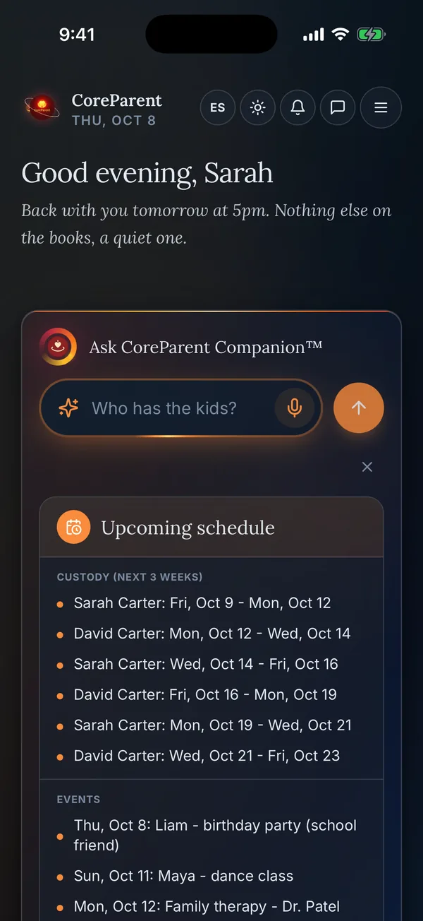 Companion on iPhone showing the custody schedule and events for the coming weeks