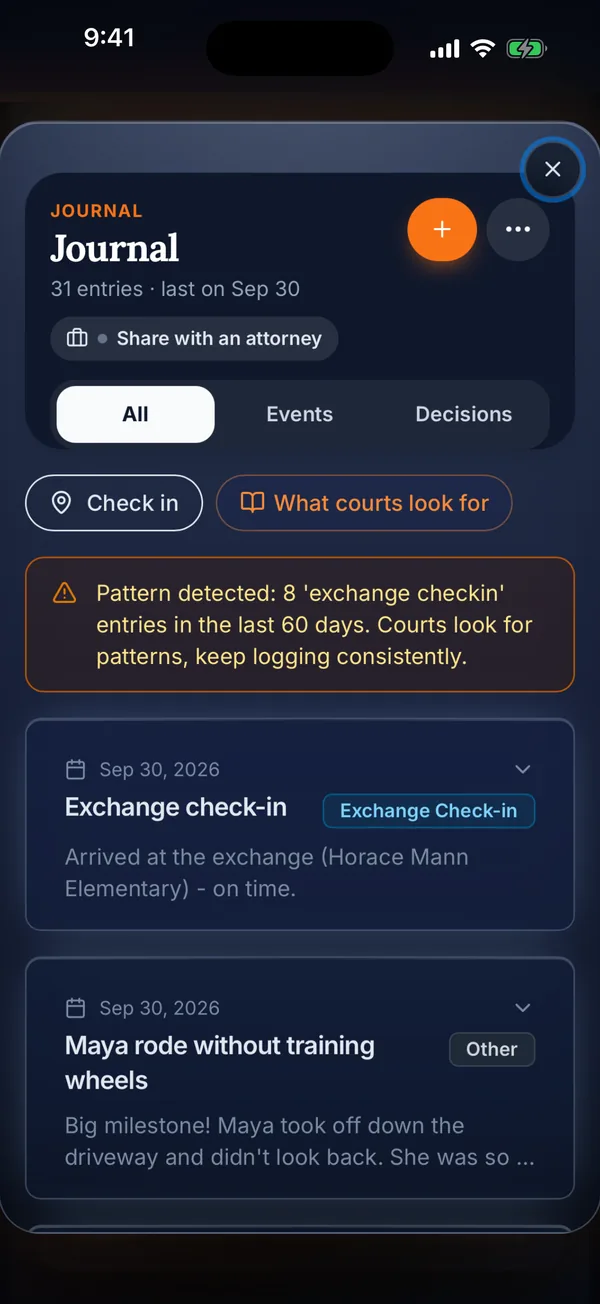 Journal on iPhone with check-ins and a pattern alert