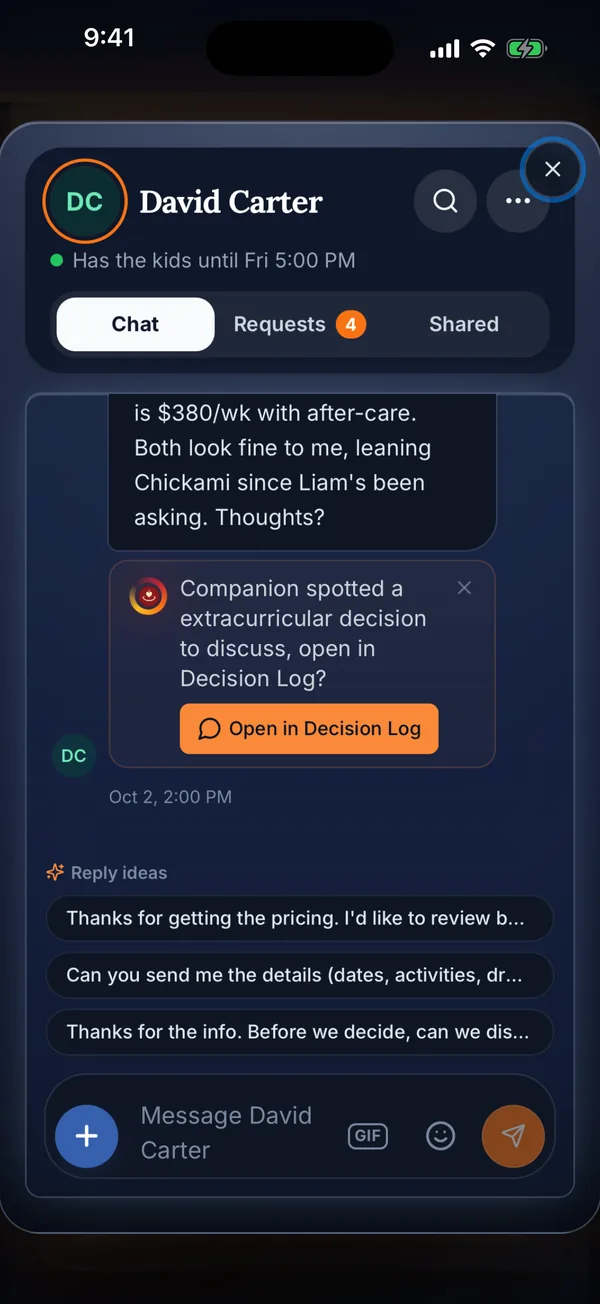 CoreParent Messages on iPhone, with Companion spotting a decision to discuss